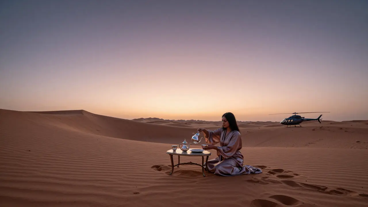 Sunrise over the desert with a silver tea service set beneath a starry sky in Abu Dhabi.
