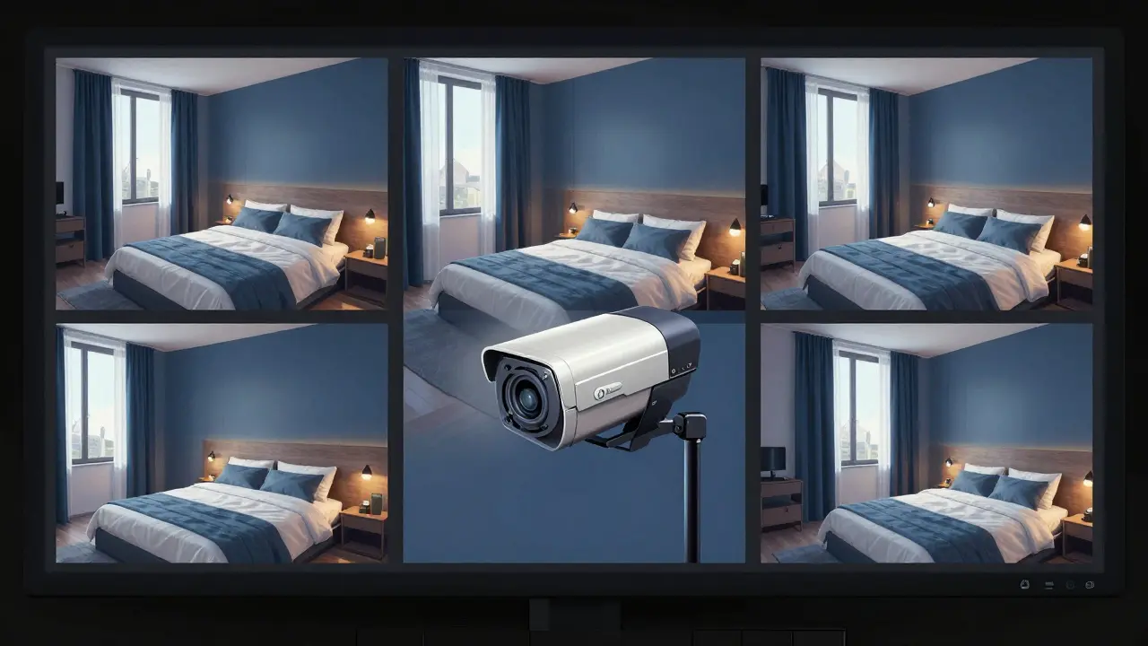 Three identical luxury apartments in Milan, each with hidden panic buttons and high-end furnishings, viewed through security monitors.