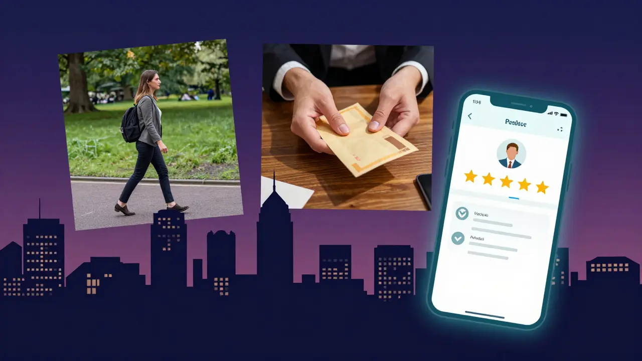 Three symbolic scenes of escort work in London: a walk in the park, cash payment, and a verified app rating, all within the city skyline.
