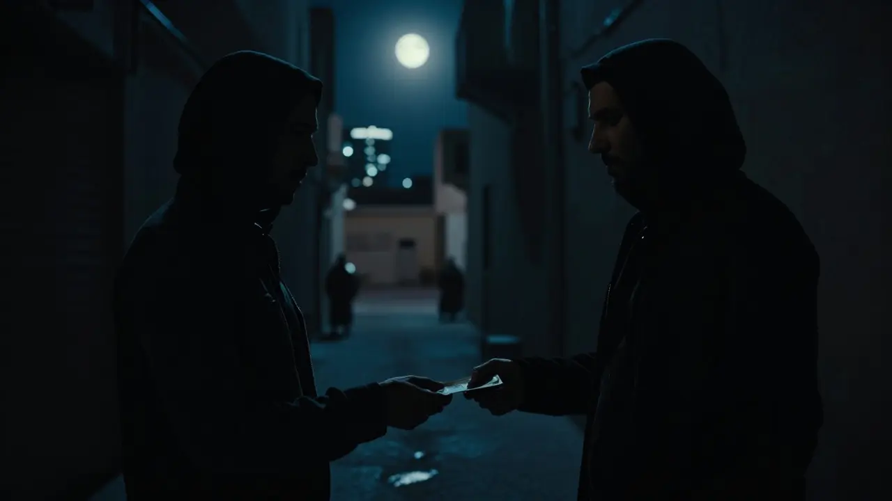 Tourist handing cash to shadowy figure in alleyway at night