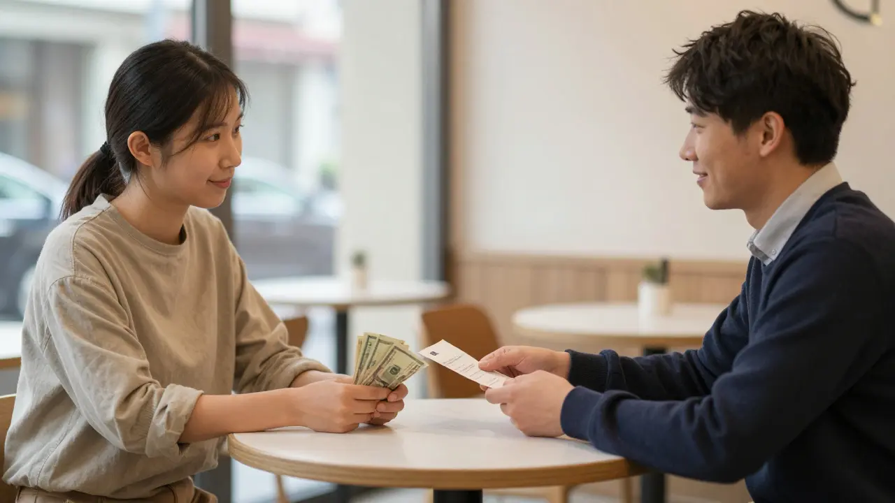 Two people seated at a Berlin café table, exchanging cash and receipt in a calm, respectful interaction.