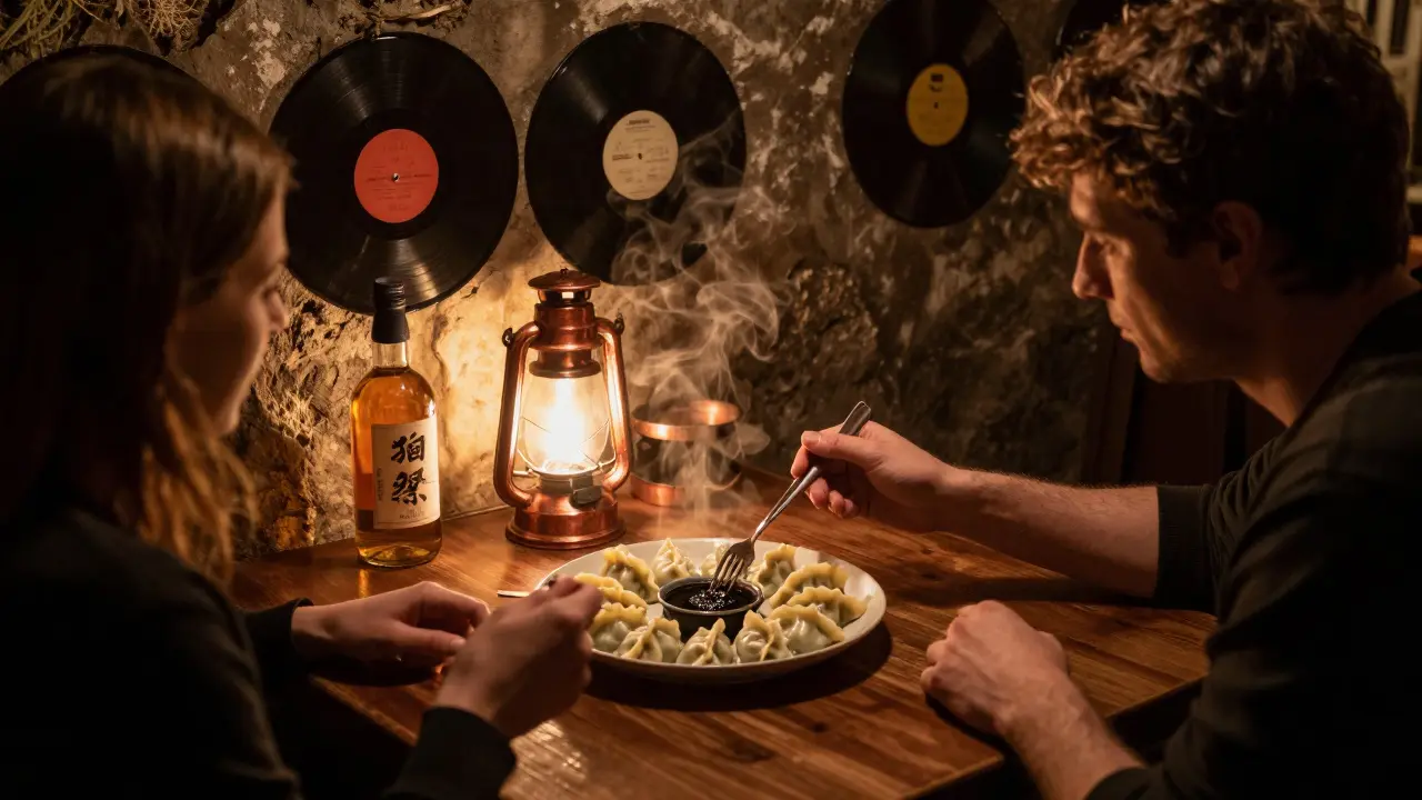 Two people sharing dumplings in a dimly lit basement bar in Kreuzberg at night.