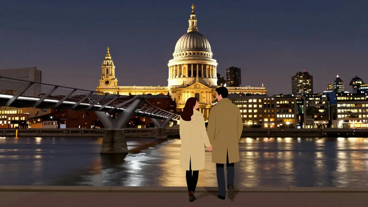Two people walking silently along the South Bank at night, St. Paul’s glowing in the distance.