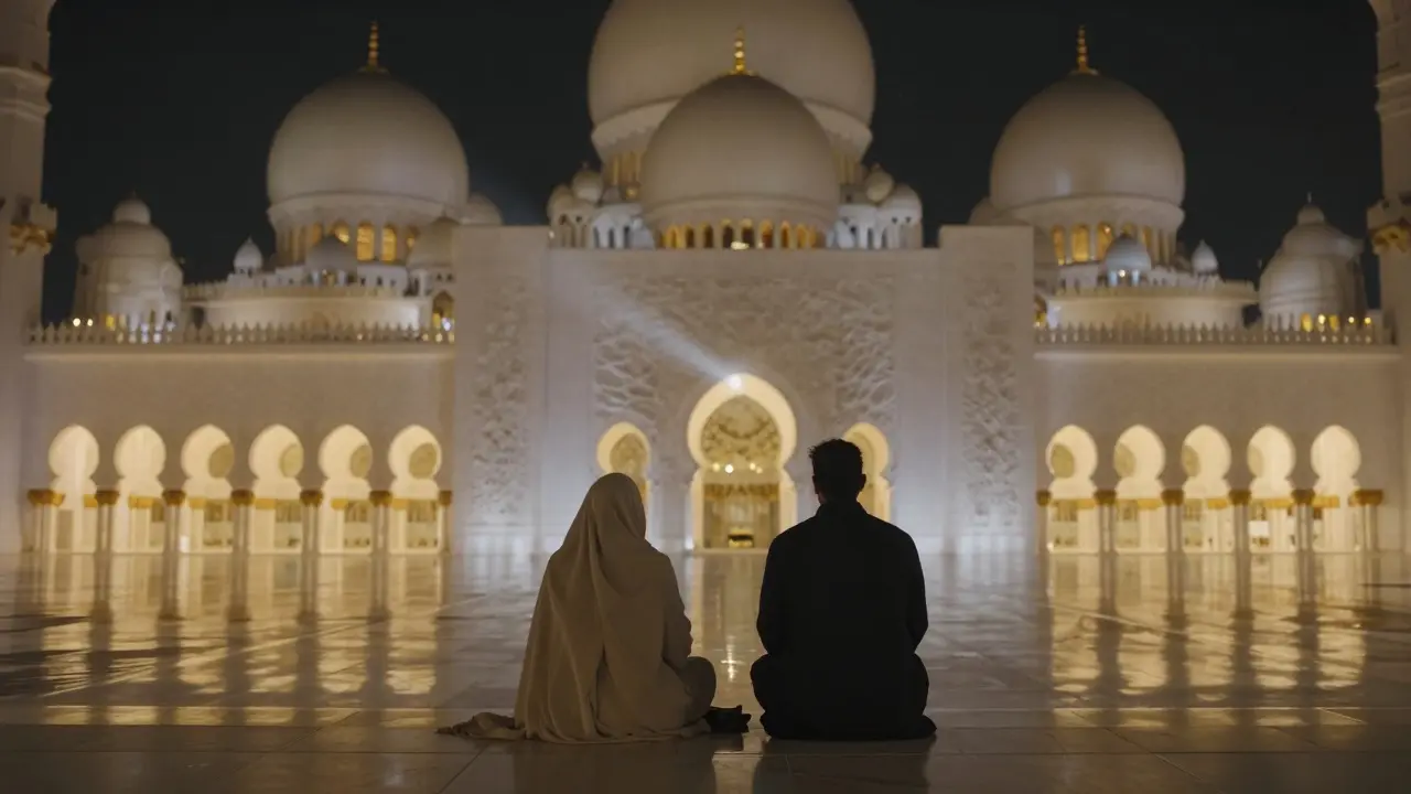 Two quiet figures in the Sheikh Zayed Grand Mosque at night, bathed in soft dome light.